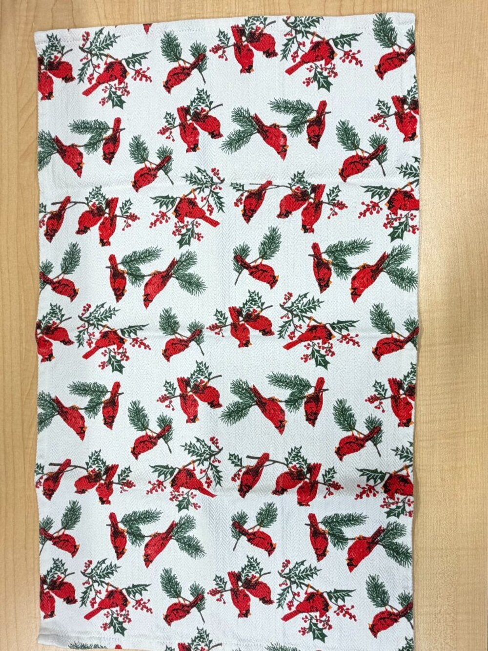 Vintage Christmas Cardinal Holly Berry Cotton Kitchen Dishtowel White